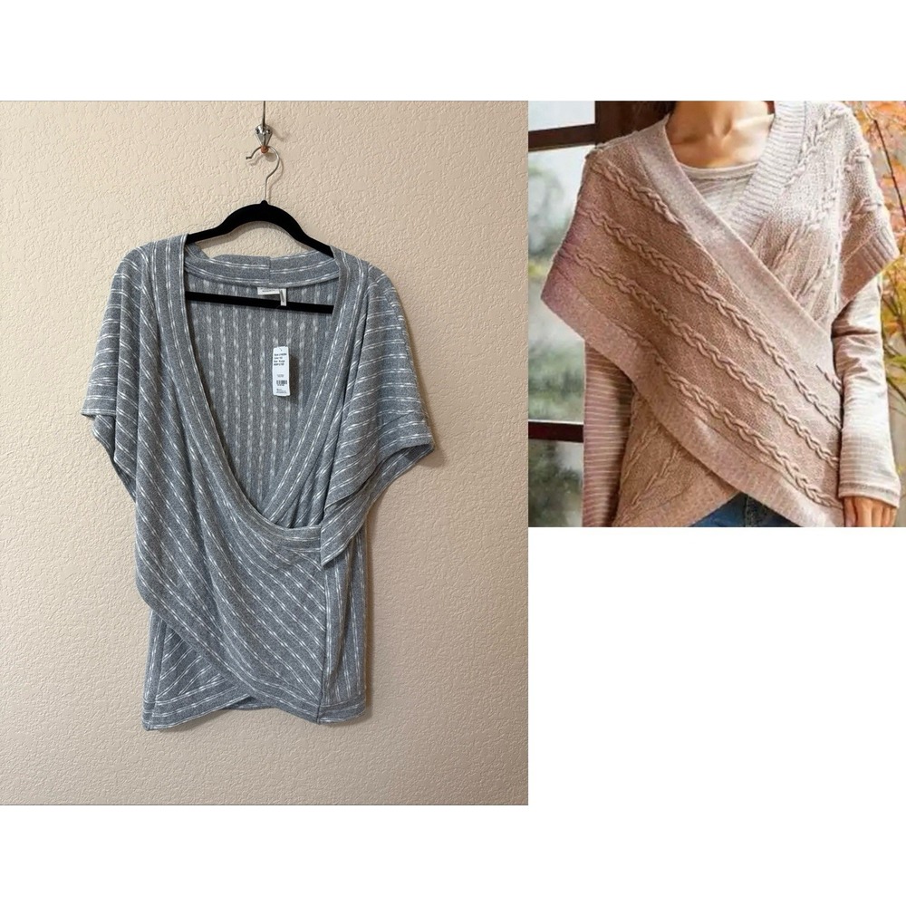 NWT Simple Suzanne Betro Overlap Faux‎ Wrap Knit Women's Top Sz XL Gray Striped